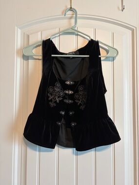 Black Velvet Embroidered Peplum Vest